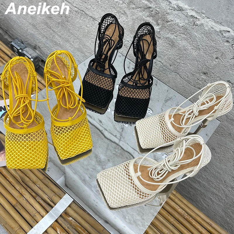 Mesh Pumps Sandals Female Square Toe High Heel Lace Up Cross-Tied Stiletto Hollow Dress heel shoes