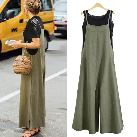 Women Casual Wide-Legged Jumpsuit Cotton Linen Breathable Sleeveless One-Piece Loose Long Jumpsuit