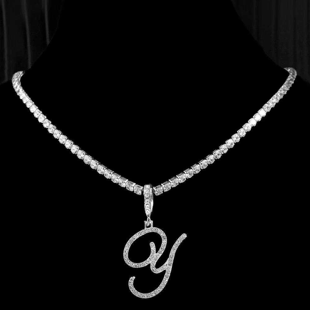 New Cursive Letters Cubic Zirconia Chain Intial Name Necklace Hip Hop Jewelry Gold Silver Color CZ 26 Alphabet Pendant Necklaces necklace