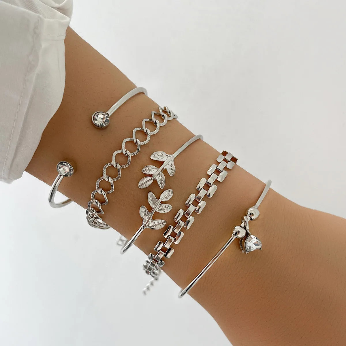 Bohemian Silver Color Geometric Link Chain Bracelet Set For Women Crystal Leaf Open Cuff Bangle Female Boho Jewelry Accessory bracelete