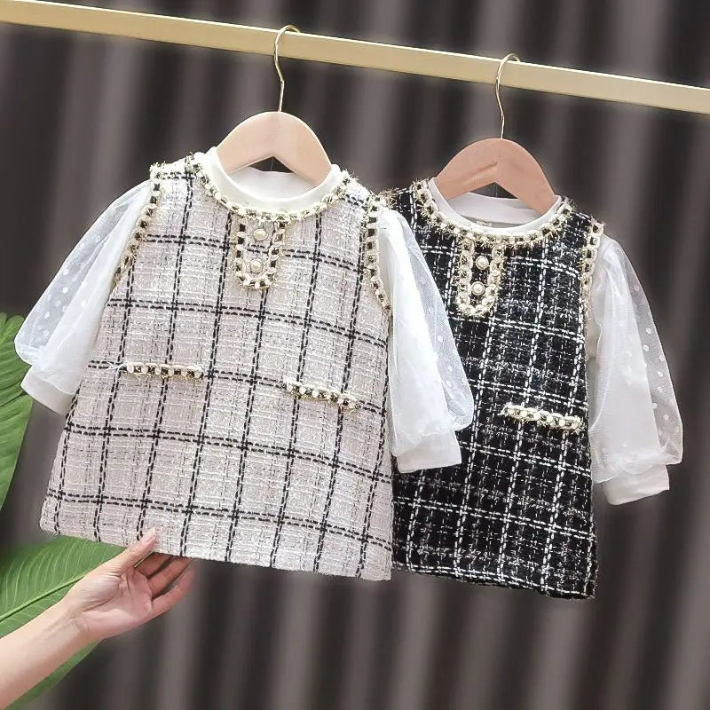 New Girls' Two-piece One-piece Dress for Girls, Little Fragrance, Western Style, Plaid Dress for Spring and Autumn girls dresses