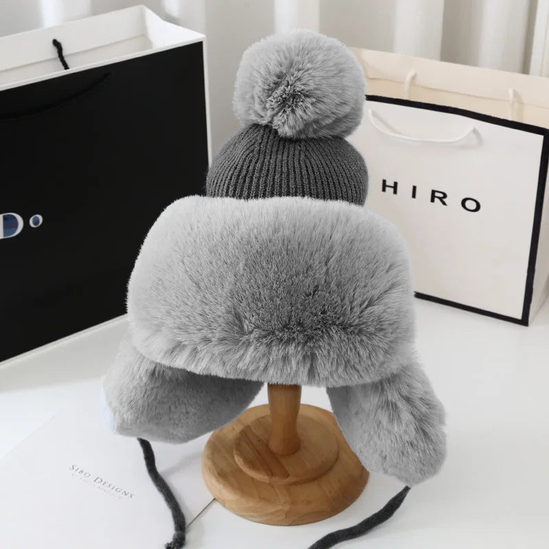 Fashion Lei Feng Hat For Women Autumn And Winter Trapper Earflap Ski Cap Female Thick Warm Beanie Hat Fur Pompom Russain Hat caps