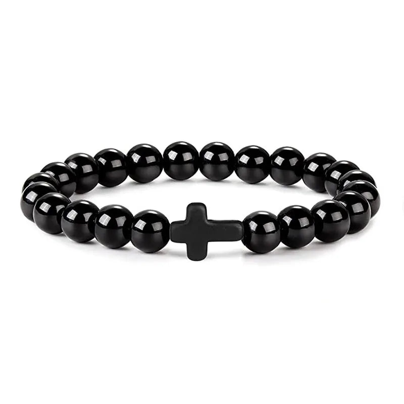 Prayer Men Natural Stone Wood Beads Rosary Hematite Cross Bracelets Onyx Meditation Bracelet Women Yoga Jewelry Homme Pulsera bracelete