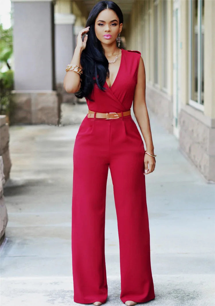 New summer new high-waisted solid color casual women's European and American V-neck sleeveless sexy Slim jumpsuit