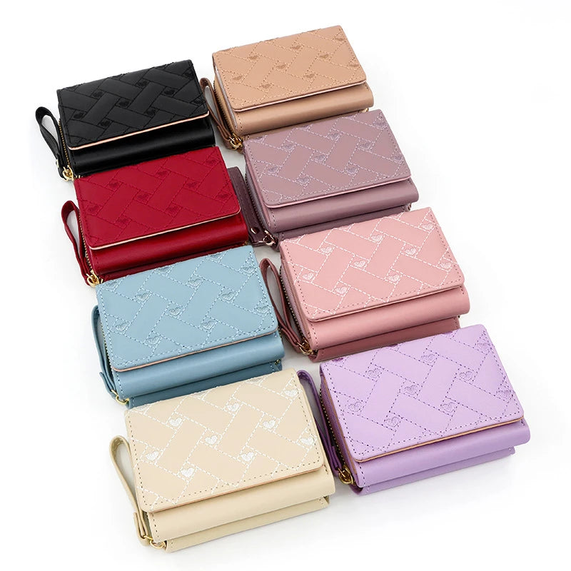 Women's Wallet Tri Fold Card Bag PU Multi Objects Pocket Short Fashion Embroidered Love Pattern Korean Minimalist New bags