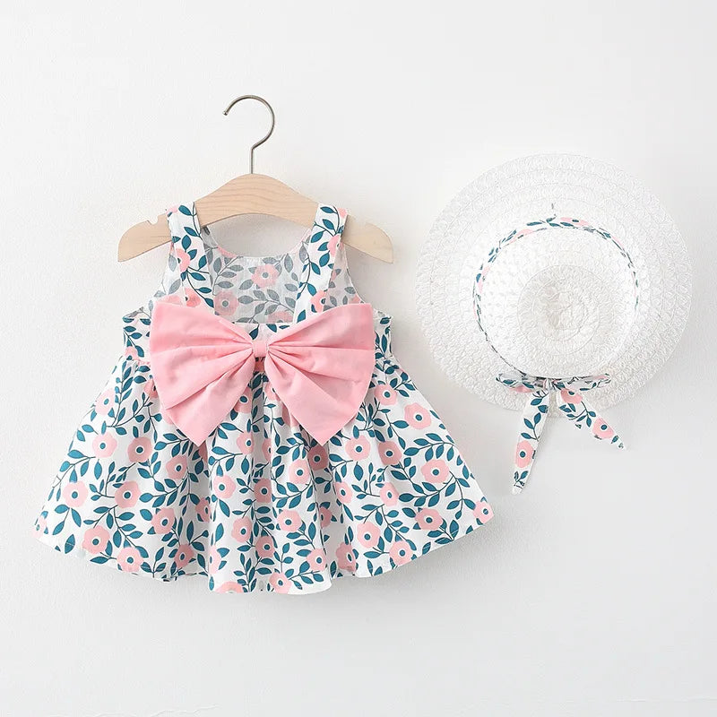 Summer Newborn Baby Clothes Toddler Girl Clothes Cotton Beach Suspender Dress+Sun Hat Princess Dresses2 Pcs infants girls