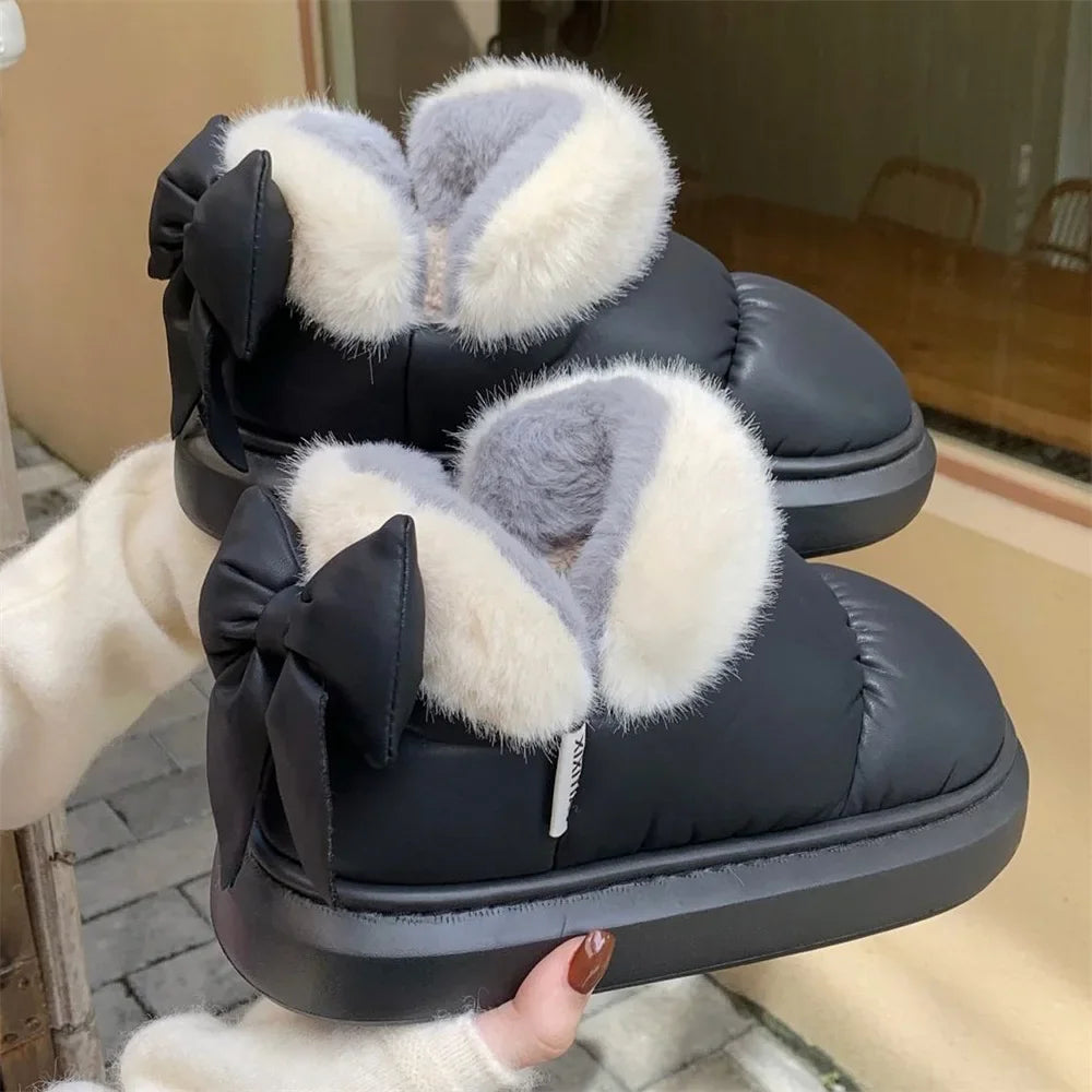 Cute Warm Ankle Boots Winter Women's Bow Warmth Plush Bow New Waterproof Down Cloth Short Barrel Snow Boots ankle boots