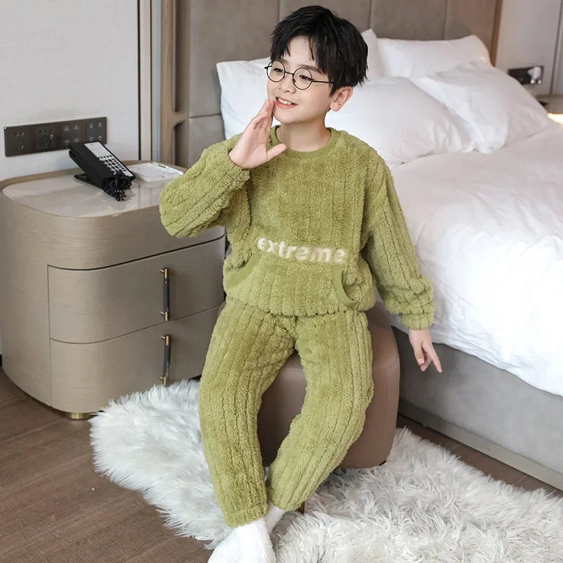 Autumn Winter Warm Flannel Pajamas For Boys Long Sleeve Home Clothes Fleece-lined Thickened Loose-fit Pyjamas Set sports wear boys