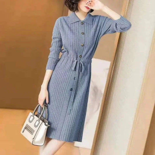 Loose Pullover Sweater Dress Lace-UP New Spring Size XXXL High-End Turn-Down Collor Long Knitted Dress Women's Autumn long Dress