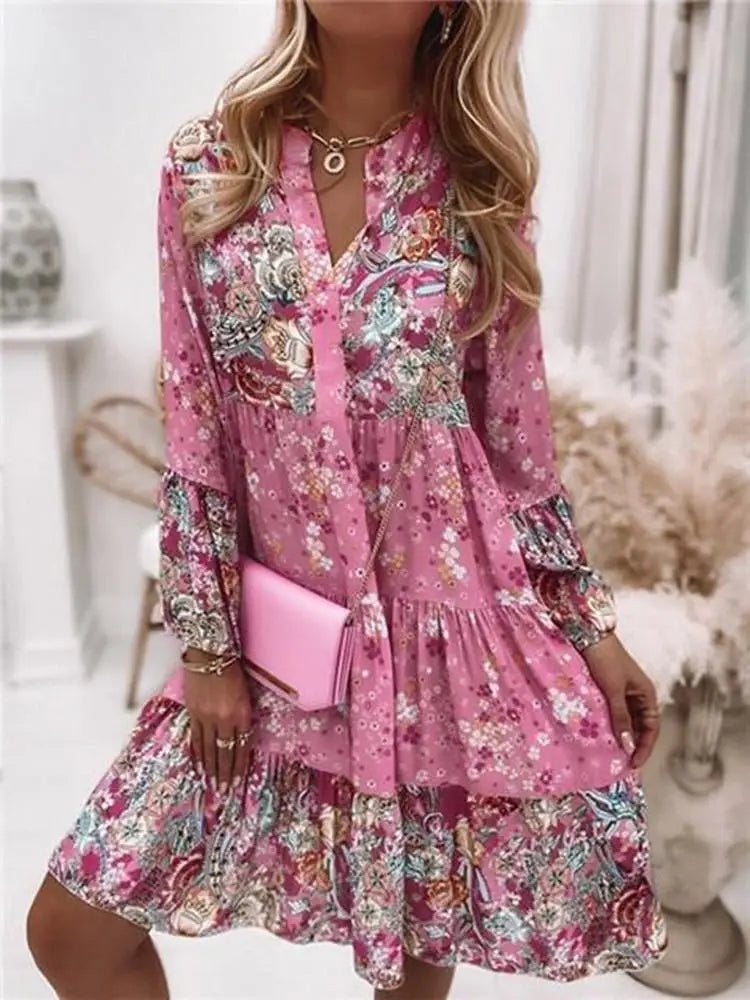 Abiti casual con stampa floreale per le donne, abito estivo primaverile boho con scollo a V, abito lungo con linea ad A, elegante abito da festa in spiaggia, abito lungo da donna