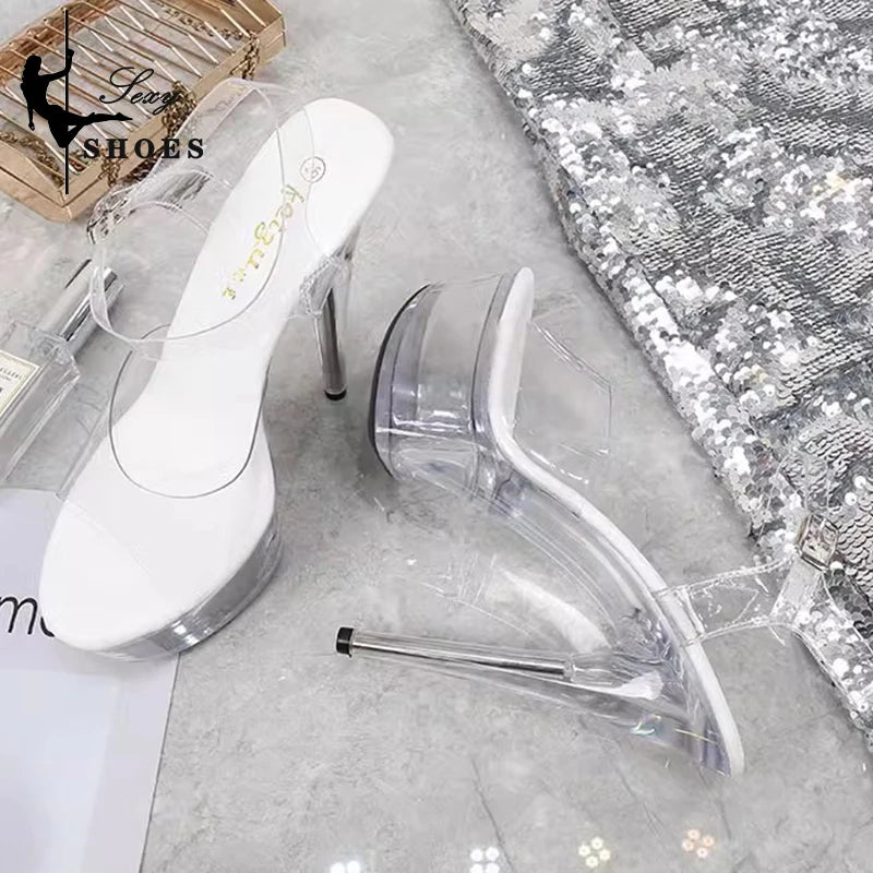 Super High Heels 15CM Stiletto Girls Shoe for Party Club Stripper Platform Sandals Transparent Crystal Pole Dance party sandal