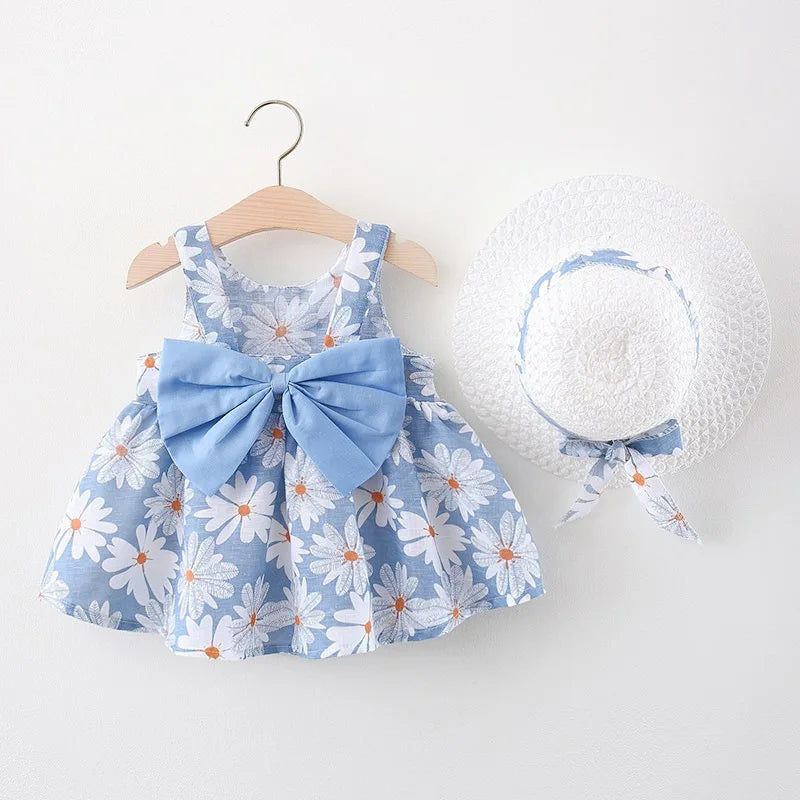 Summer Newborn Baby Clothes Toddler Girl Clothes Cotton Beach Suspender Dress+Sun Hat Princess Dresses2 Pcs infants girls