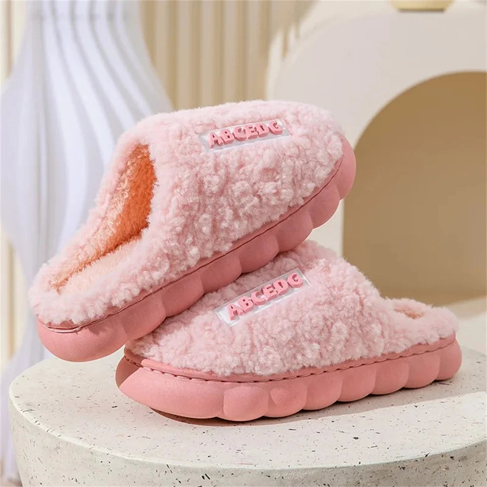 Women Winter Warm Home Slippers Thicken Indoor Boy Girl Floor Slides Plush High Heels Fur Cotton Shoes Ladies Couples Slipper