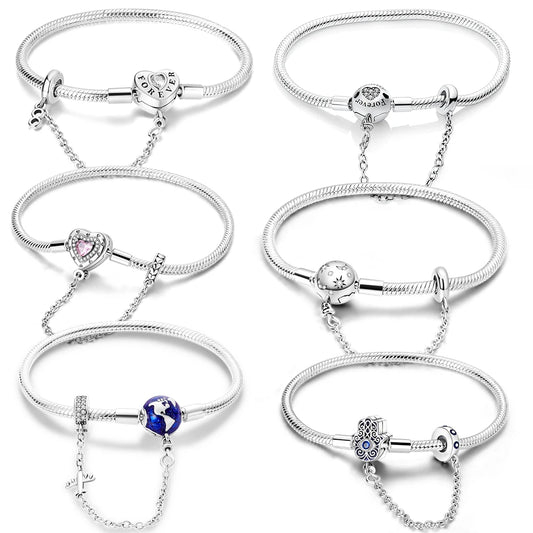 925 Sterling Silver Heart Stars and Moon Basic Chain Bracelet fit Original Charm Beads Women Design Jewelry bracelete