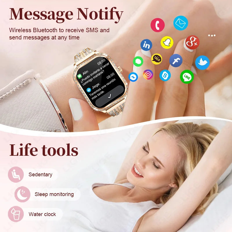 Fashion Women Smart Watch 1.75inch Curved Screen Sport Bracelet BT HD Calling Clock IP68 Waterproof Diamond Case Smartwatch watch