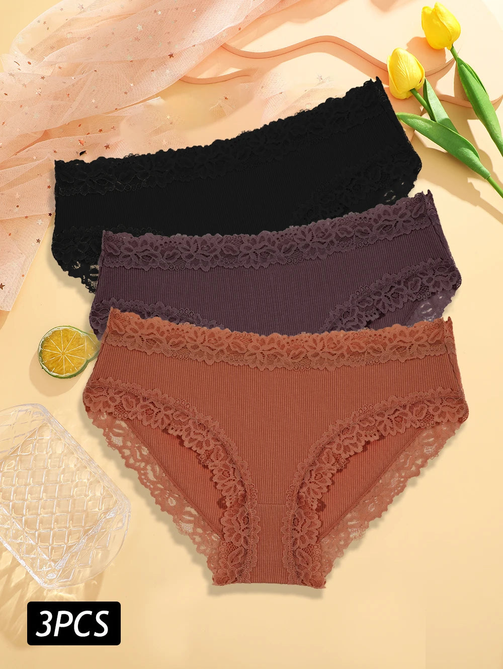 3PCS/Set Sexy Lace Cotton Panties for Women Flroal Lace Seamless Briefs Low Rise Lingerie Female Breathable Soft Underwear S-XL undergarments