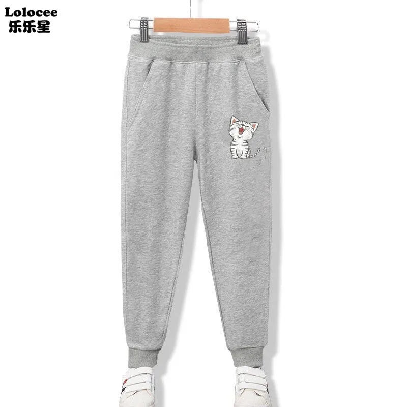 Cute Cat Cartoon Printed Girls Sweatpants Kids Sport Pants Teens Student Long Trousers For Kid 3-14 Year bottoms girls