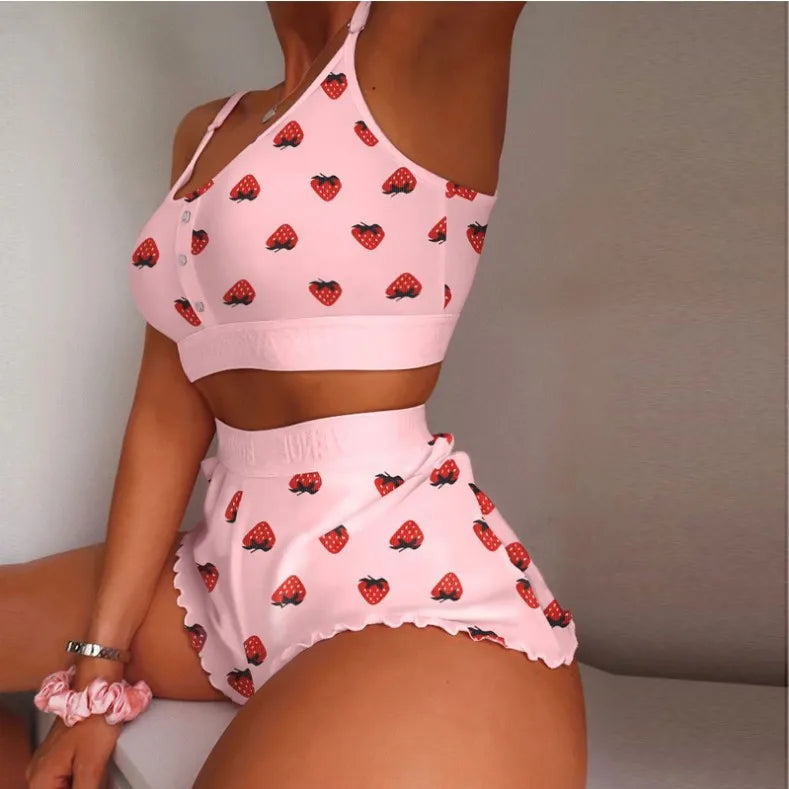 2 Pieces Set Women's Pajama Shorts Suit Multiple Print Underwear Sexy Lingerie Camisoles Tanks Night wear