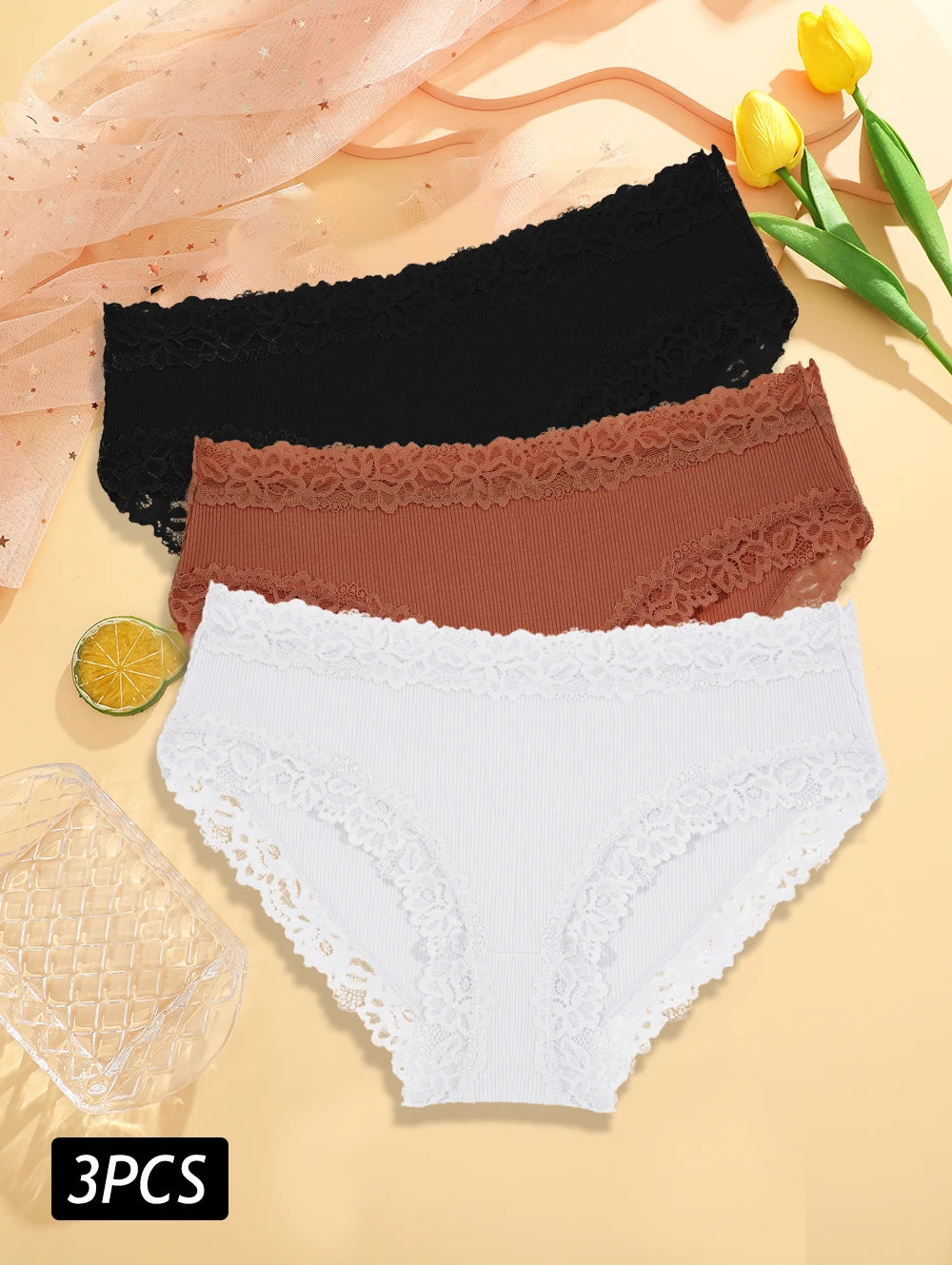 3PCS/Set Sexy Lace Cotton Panties for Women Flroal Lace Seamless Briefs Low Rise Lingerie Female Breathable Soft Underwear S-XL undergarments