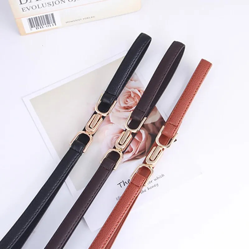 Womens Leather Skinny Belt for Dress Adjustable Thin Waist Belt Dress Belt with Vintage Gold Buckle Faux Leather belt