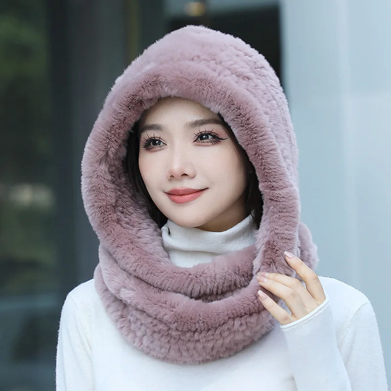 Hot Sale New Women Real Knitted Rex Rabbit Fur Hat Hooded Scarf Long Winter Warm Fur Hat With Neck Collar Scarves Hat Scarf scarf and shawl