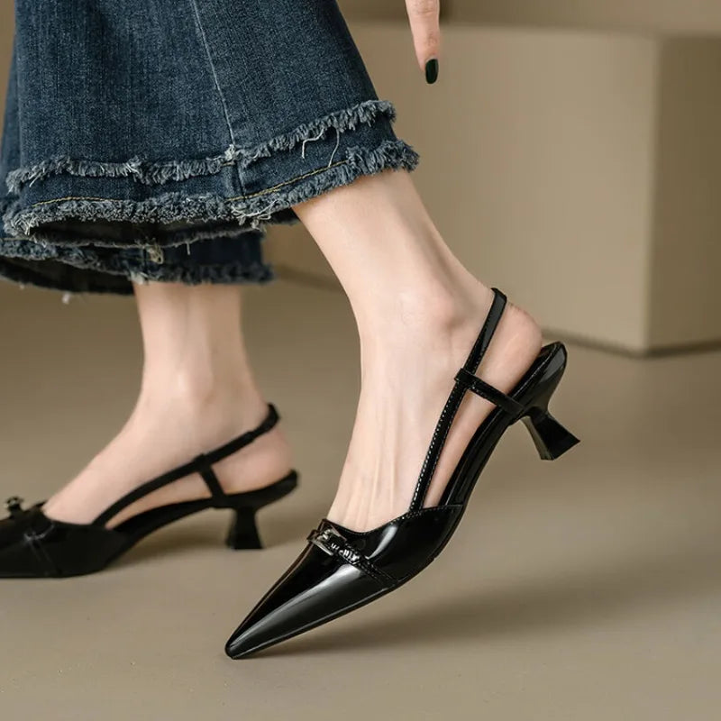 Women's Dress Shoes Patent Leather Slip on Pointed Toe Sandals Buckle Slingbacks Mid Heel shoes