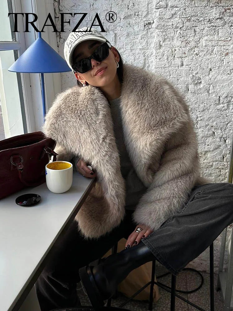 Women Fashion Cropped Faux Fur Jacket Coat Long Sleeve Front Snap-button Female Outerwear Chic Lapel Collar Thick Coat