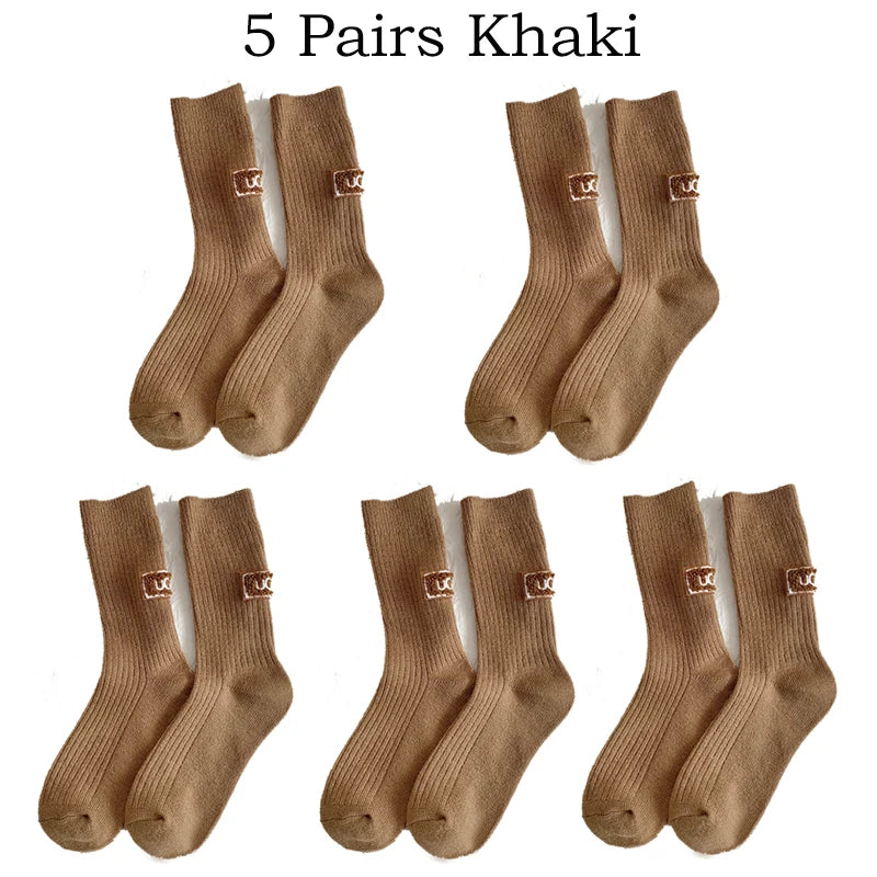 5 Pairs Winter Socks Women Cashmere Wool Socks Solid Warm Thickened Pile Embroidered Logo Mid-Calf Socks Casual Snow Boot Socks