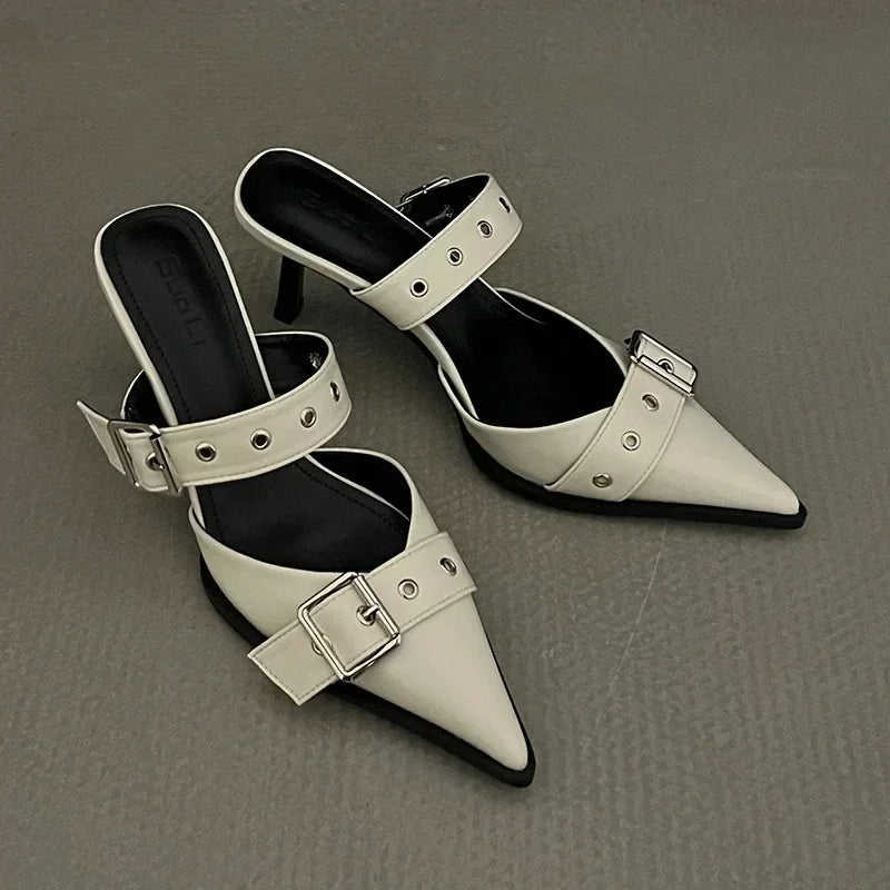 Metal Buckle High Heels Women's Sandals Summer  Pointed Toe Silver Party Shoes Fashion Womens Pumps heel shoes