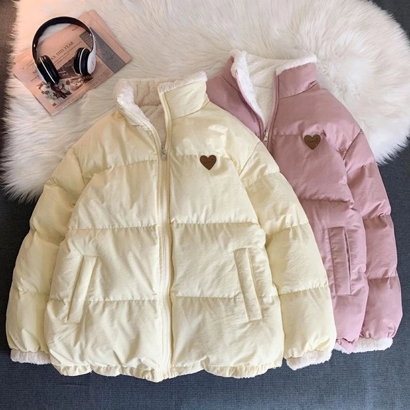 Carino ricamo parka cappotto donne inverno moda spesso sciolto caldo giacca design bifacciale rosa vestiti per studenti