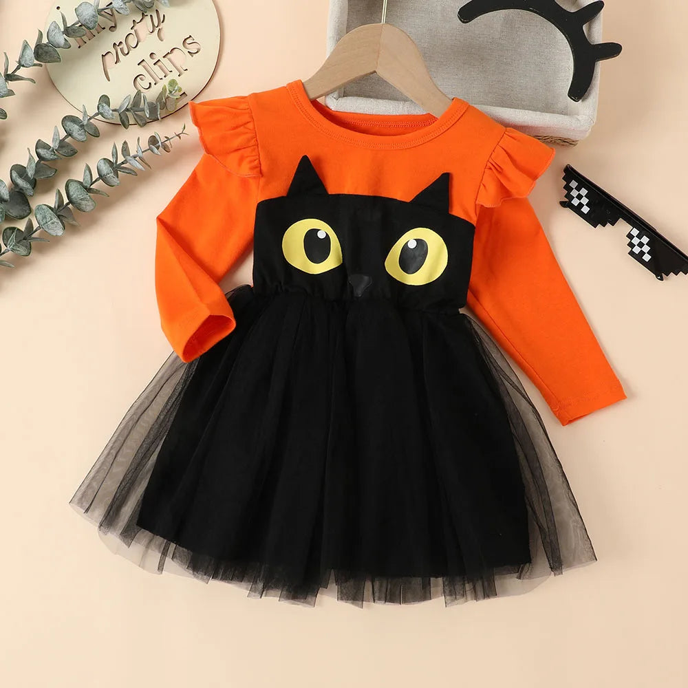 Halloween Infant Baby Girls Tulle Costume Cute Black Cat Lace Dress Ruffles Long Sleeve Princess Clothes Party Outfits girls dresses