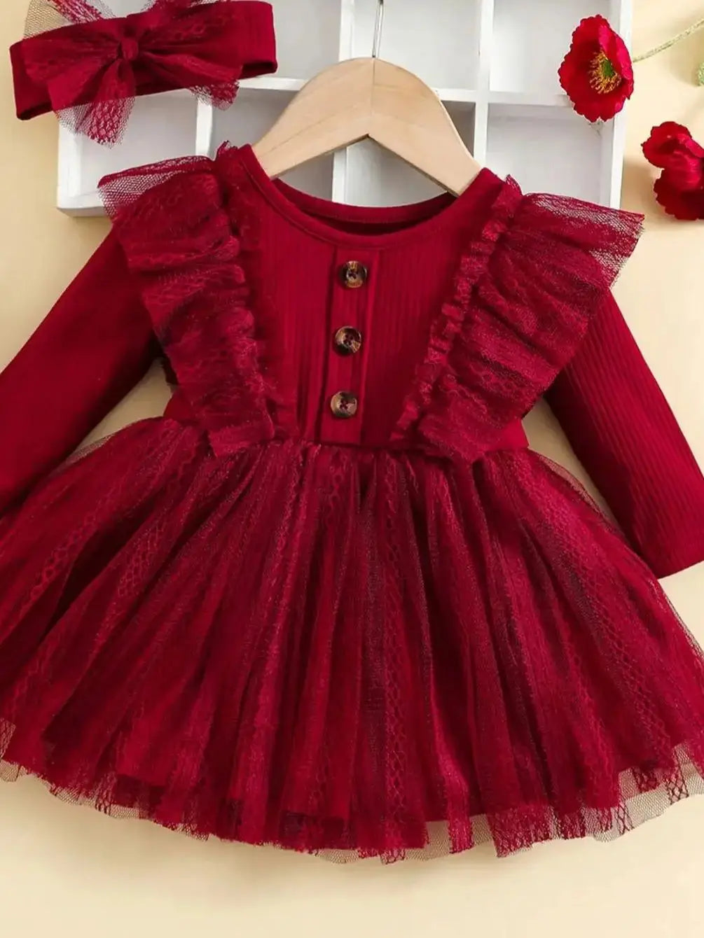 Two-Piece Baby Girl Romantic Small Flying Sleeve Long Sleeve Ruffled Mesh Dress + Bow Headscarf Spring And Autumn infants girls