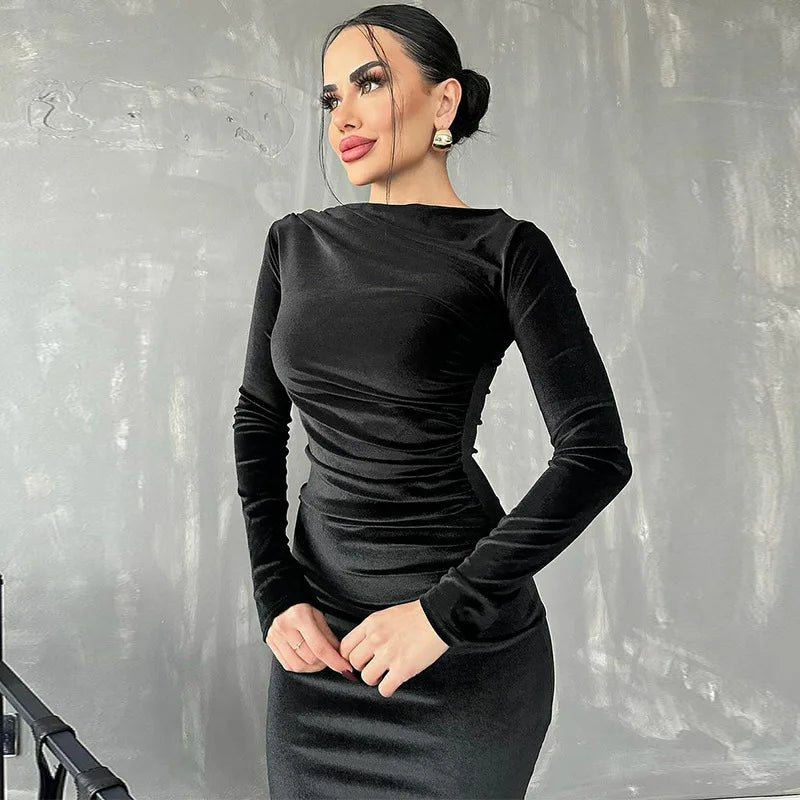 Spring Summer Velvet Long Sleeve Midi Dress For Women Ruched Long Dress Elegant Party Clothes Evening Green Outfits party dress