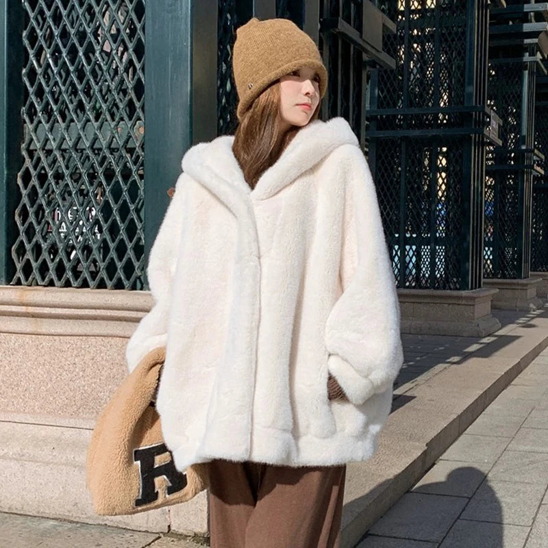 Faux Mink Fur Coat Women Thick Coat Autumn Winter New Casual Hooded V-neck Lady Clothes Fur Jacket elegant Short Coat