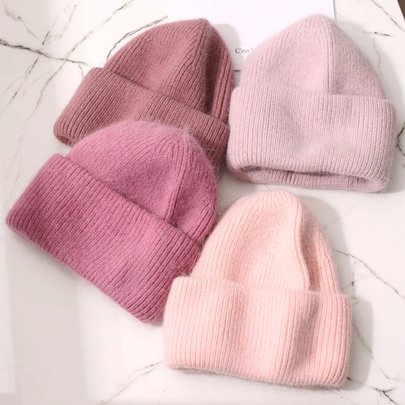 Fashion Warm Cashmere Wool Skullies Angola Rabbit Fur Winter Knitted Beanies Women Cap Female Three Fold Ski Outdoor  caps