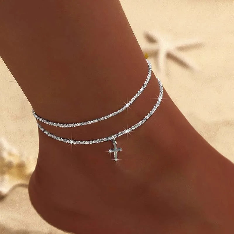 Thin Chain Anklet For Women Zircon Heart Cross Pendant Double Layer Bracelet On Leg Foot Trendy Summer Beach Jewelry anklet