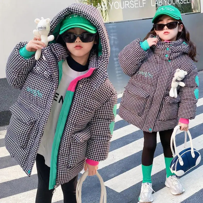 Winter Keep Warm Princess Girls Jacket Grid Design Padded Lining With Velvet Hooded Heavy Coat For Kids Sent Bear Doll girls jackets and coats