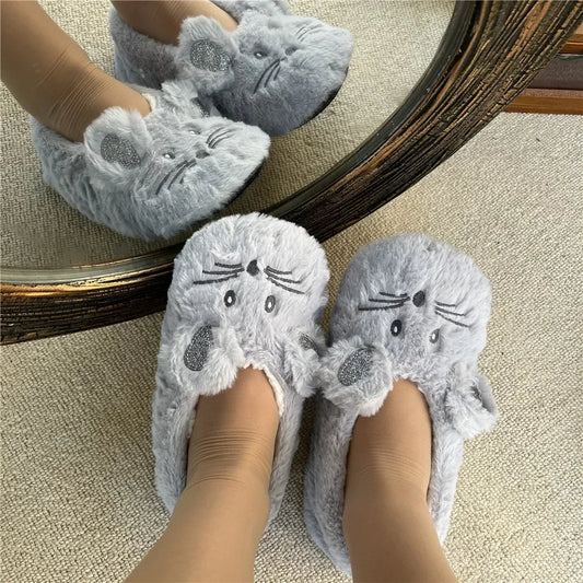 Home Fuzzy Slipper Women Winter Fur Contton Warm Plush Non Slip Grip Indoor Fluffy Lazy Female Mouse Ears Floor Shoe Living room slipper