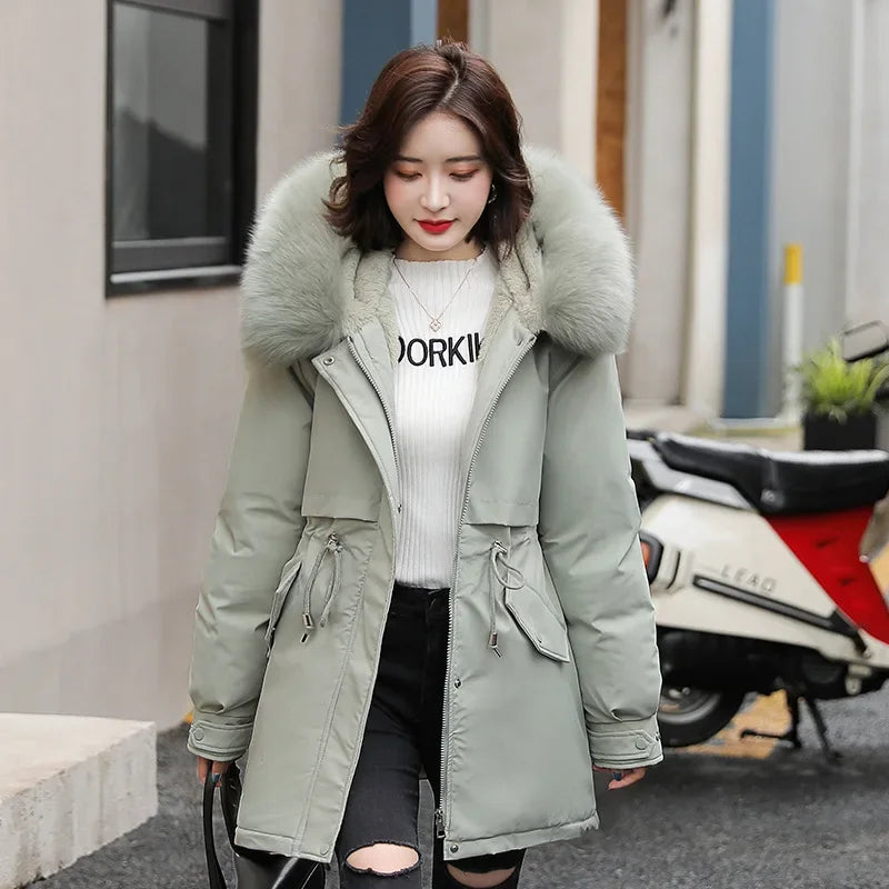 Women Parka Fashion Long Coat Wool Liner Hooded Parkas New Winter Jacket Slim with Fur Collar Warm Snow Wear Padded Clothes