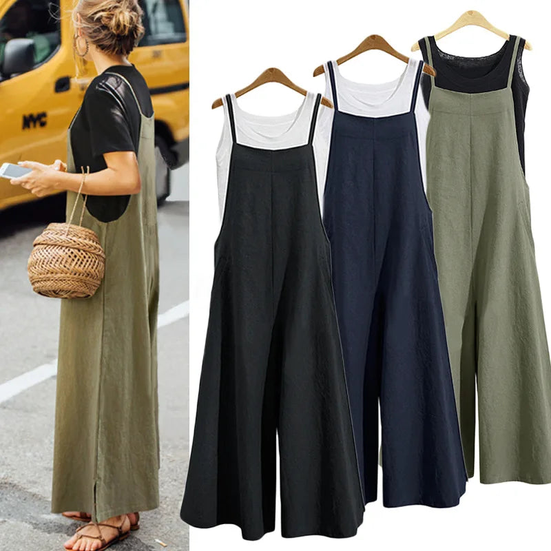 Women Casual Wide-Legged Jumpsuit Cotton Linen Breathable Sleeveless One-Piece Loose Long Jumpsuit