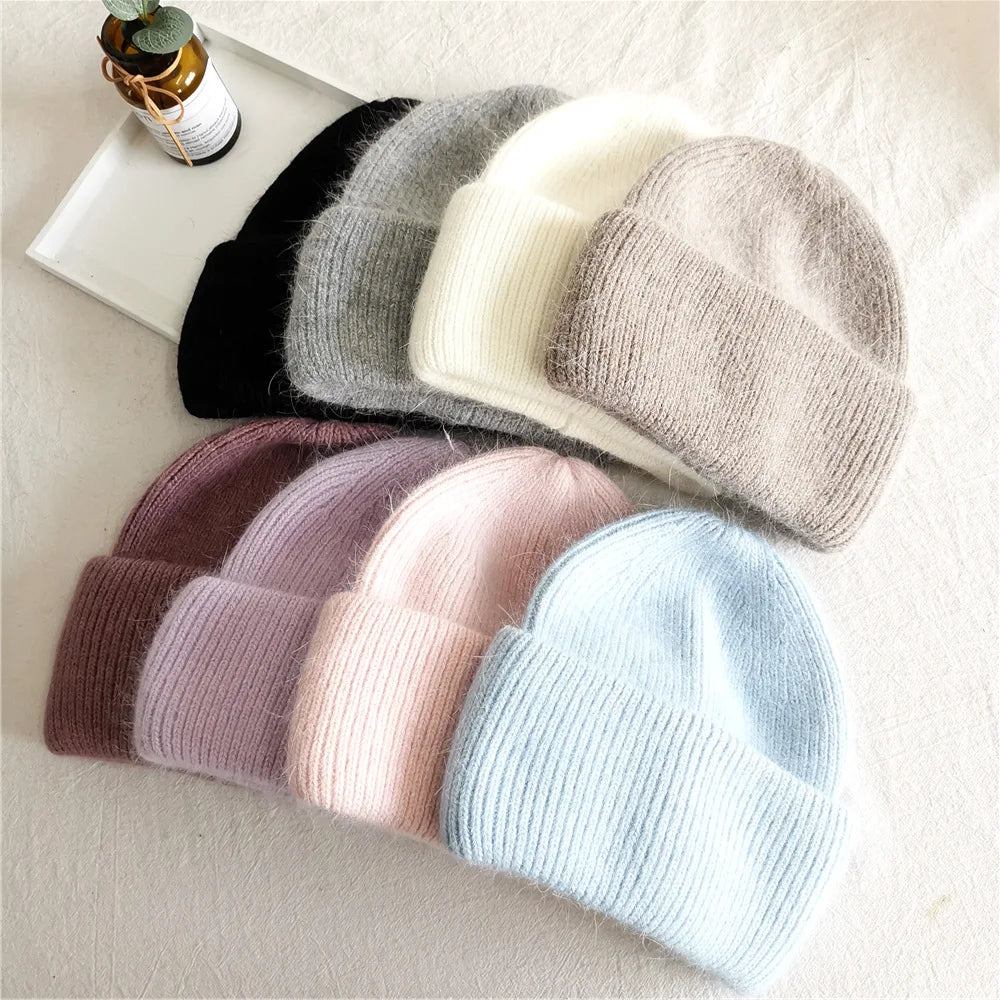 Fashion Warm Cashmere Wool Skullies Angola Rabbit Fur Winter Knitted Beanies Women Cap Female Three Fold Ski Outdoor  caps