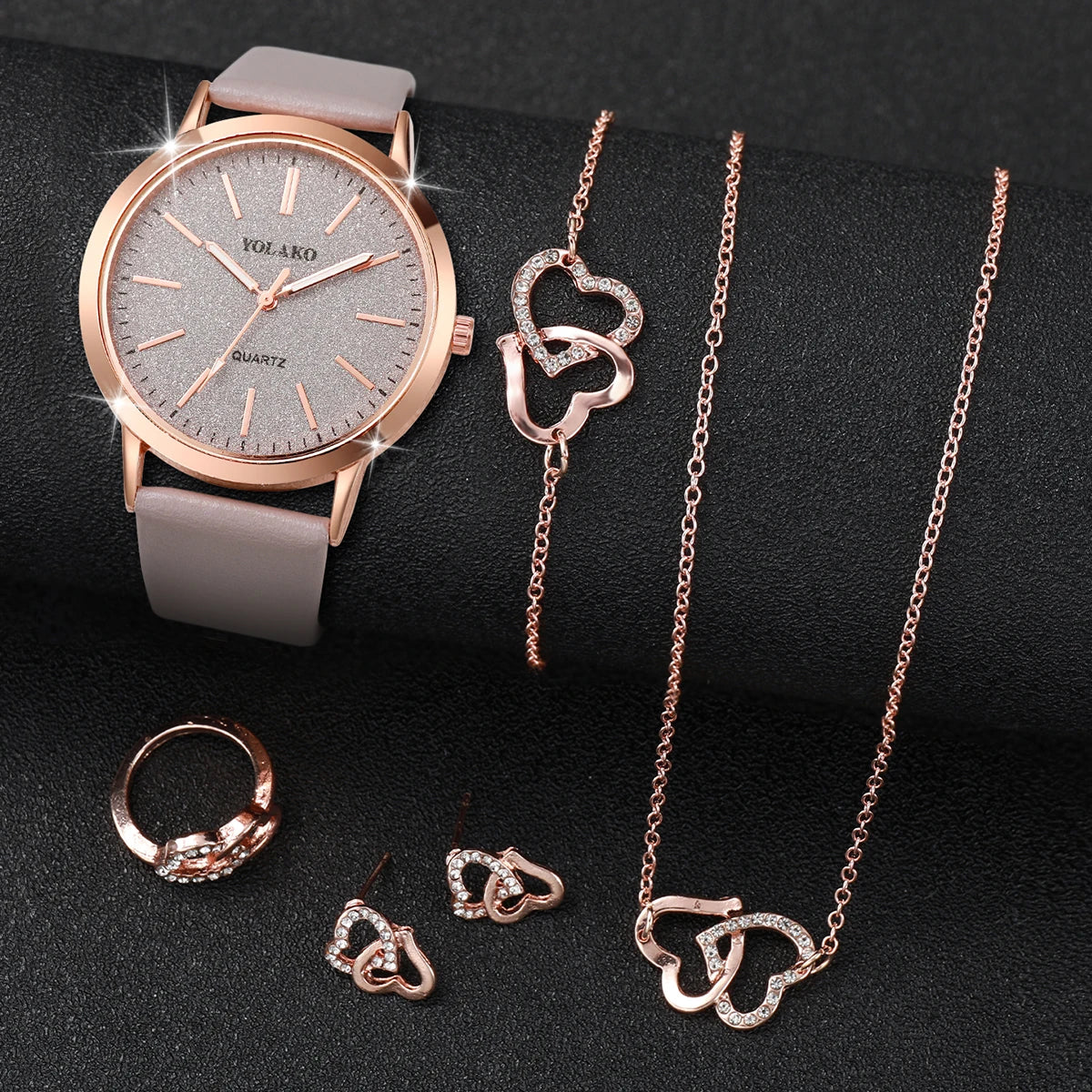 5PCS/Set Fashion Matte Dial Women Watches Diamond Heart Jewelry Set Casual Leather Band Quartz Watch（Without Box）watch