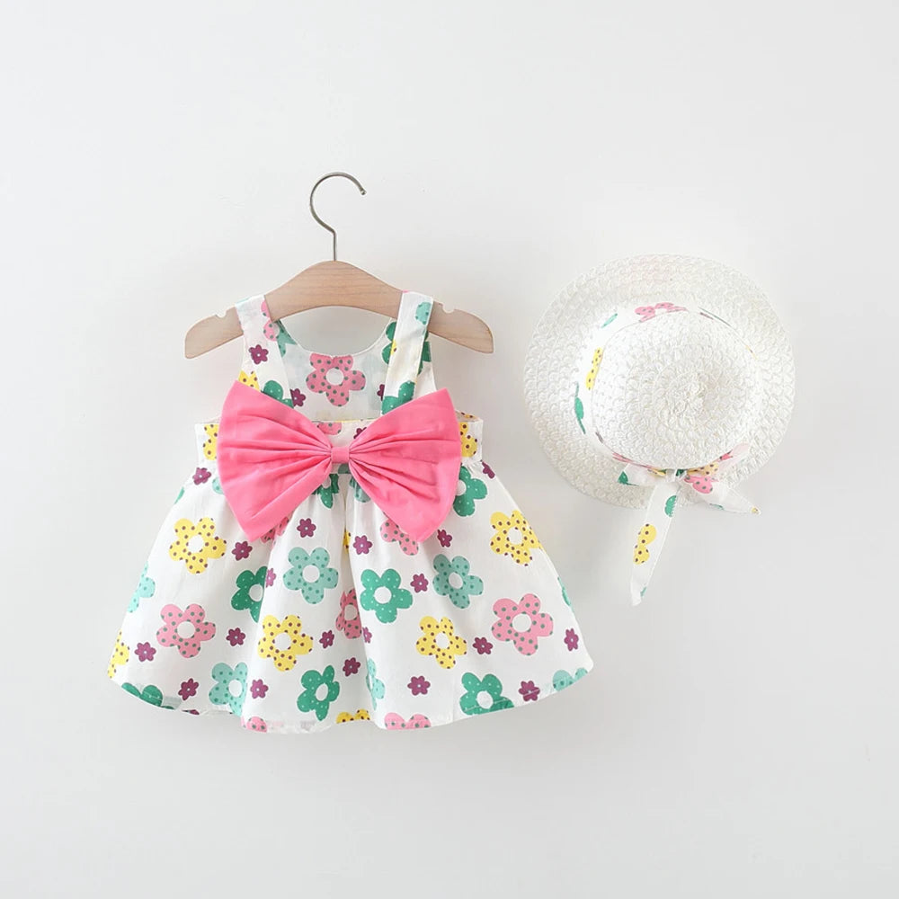 Summer Newborn Baby Clothes Toddler Girl Clothes Cotton Beach Suspender Dress+Sun Hat Princess Dresses2 Pcs infants girls