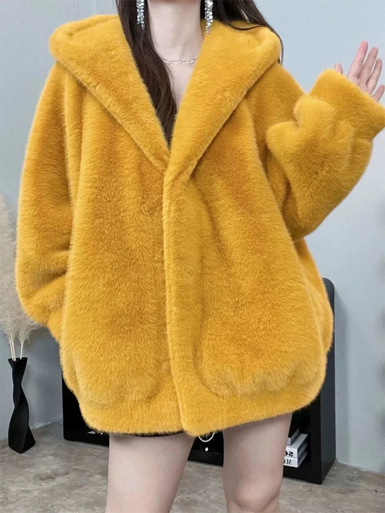 Faux Mink Fur Coat Women Thick Coat Autumn Winter New Casual Hooded V-neck Lady Clothes Fur Jacket elegant Short Coat