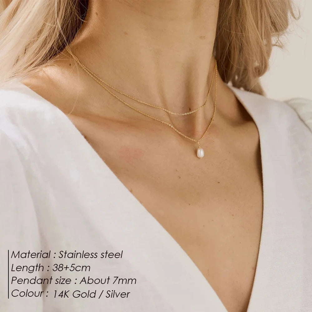 Minimalist Freshwater Pearl Necklace Women Girls 14K Gold Plated Stainless Steel Double Layer Necklace Wedding Jewelry  necklace