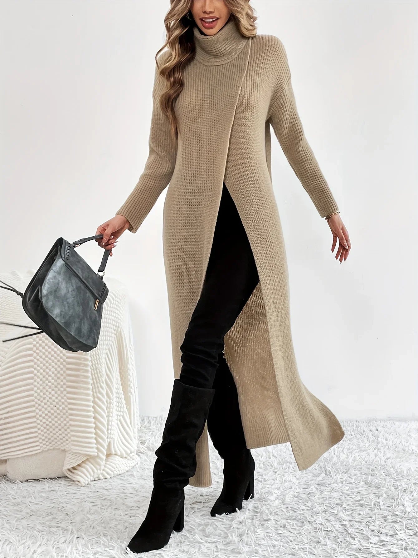 Elegant Long Knitting Sweater Women High Neck with Split Hem For Female Winter Warm Turtleneck Pullovers Maxi Dress  sweater