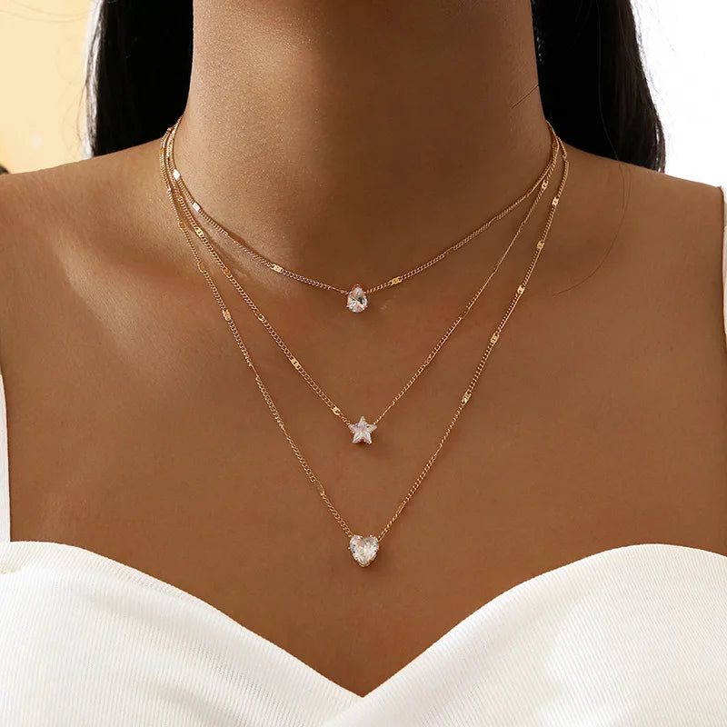 Collana con ciondolo in zircone alla moda per donna, girocollo a catena multistrato, moda femminile, regalo per feste, gioielli lucidi