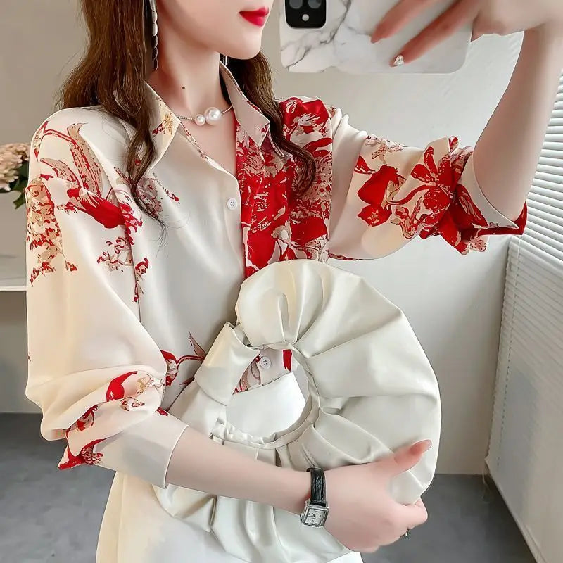 Polo Collar Long Sleeve Printed Blouse Casual Versatile Western Commuting Sweet Clothing Women Shirts