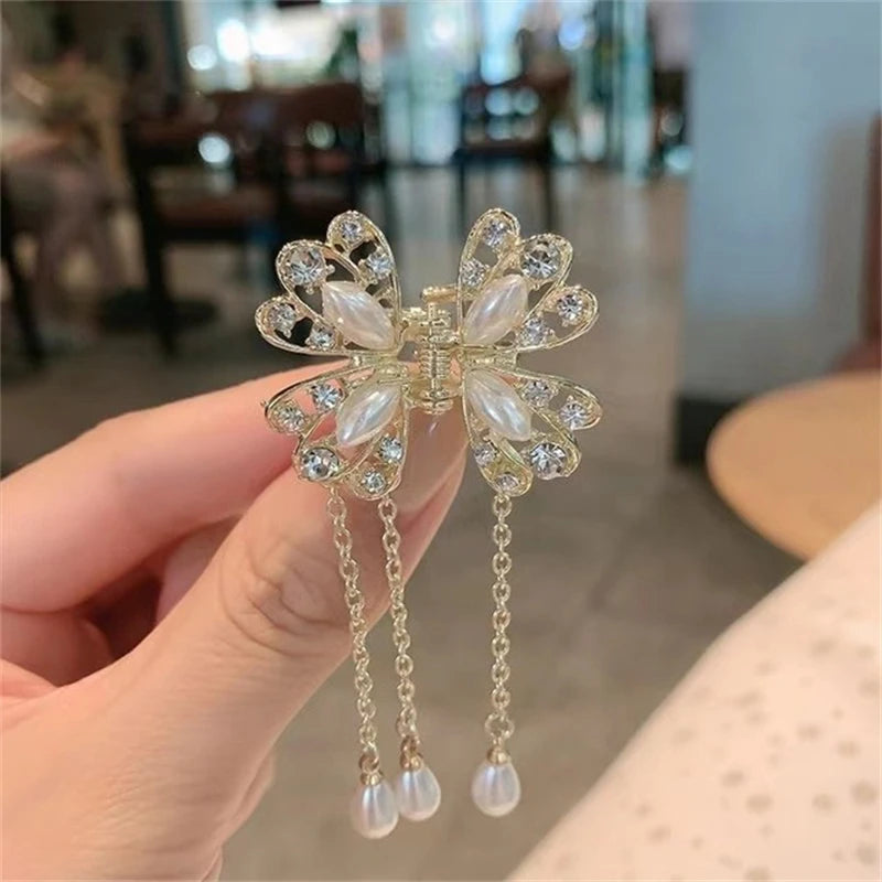 Hollow Butterfly Tassel Hairpin Korean Girl Rhinestone Ponytail Hair Grabber Elegant Pearl Hair Accessories for Women hairclips