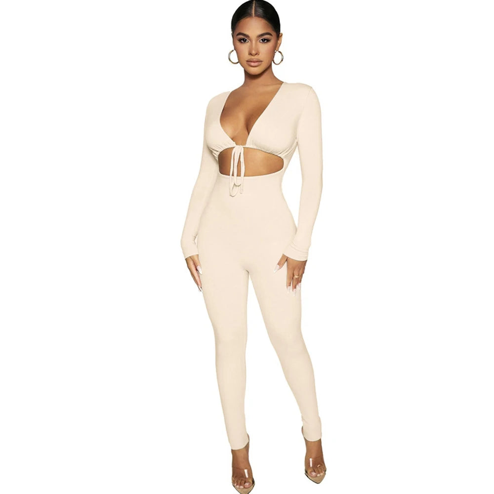 Fashionable new solid color tight fitting sexy exposed navel lace up hollow long sleeved slim fit jumpsuit